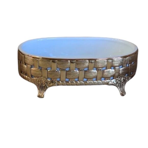 Vintage 24KT Gold Platted Ornate Stylebuilt Basket Weave Ceramic Insert Footed - Picture 4 of 8